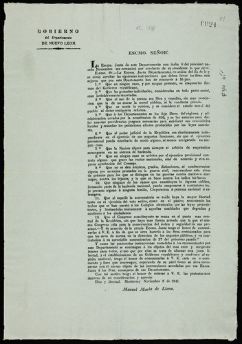 La Escma. Junta de este Departamento ... me comunicó por conducto de su presidente ... La Escma. Junta Departamental ... se sirvió aprobar las siguientes instrucciones que deben llevar los Sres. consejeros que por este D[e]partamento han de concurrir á Méjico