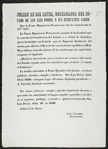 Que la Exma. Diputacion Permanente me ha comunicado lo que sigue. La Exma. Diputacion Permanente usando de la facultad que le concede la Constitucion del Estado ... Dictar lo conveniente para ocurrir á las escaseces del erario del Estado