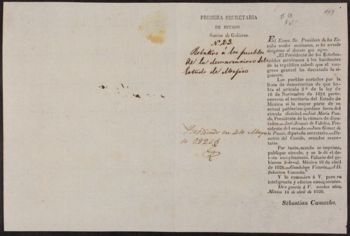 El Exmo. Sr. Presidente de los Estados unidos mexicanos, se ha servido dirigirme el decreto que sigue ... el congreso general ha decretado ... Los pueblos cortados por la línea de demarcacion de que habla el artículo 2o. de la ley de 18 de Noviembre de 1824 pertenecerán al territorio del Estado de México