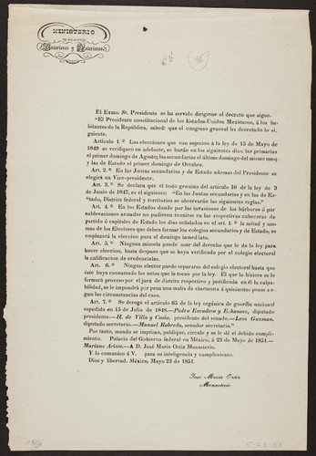 El Exmo. Sr. Presidente se ha servido dirigirme el decreto que sigue ... Las elecciones que con sujecion a la ley de 15 de Mayo de 1849 se verifiquen en adelante ... En las Juntas secundarias y de Estado ademas del Presidente se elegirá un Vice-presidente ... Se declara que el testo genuino del artículo 10 de la ley de 3 de Junio de 1847, es el siguiente