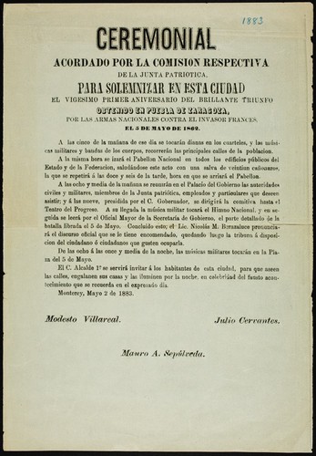 Ceremonial acordado por la Comisión Respectiva de la Junta Patriotica para solemnizar en esta ciudad el vigesimo primer aniversario del brillante triunfo obtenido por las armas nacionales contra el invasor francés el 5 de mayo de 1862