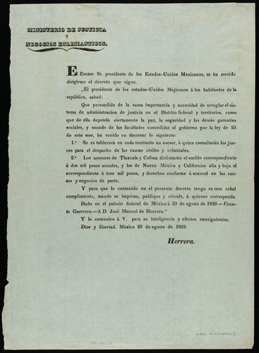 El Escmo. Sr. presidente de los Estados-Unidos Mexicanos se ha servido dirigrme el decreto que sigue ... Se establecerá en cada territorio un asesor