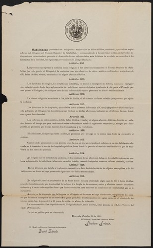 Habiéndose presentado en este puerto varios casos de fiebre tifoidea, remitente y perniciosa, según informe el Delegado del Consejo Superior de Salubridad, y correspondiendo á la autoridad política dictar todas las disposiciones encaminadas á prevenir el desarrollo de esas enfermedades