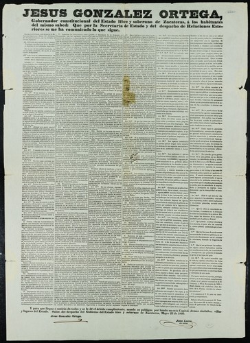 Jesus Gonzalez Ortega, Gobernador constitucional del Estado Libre y Soberano de Zacatecas ... Secretaría de Estado y del Despacho de Relaciones Esteriores ... Benito Juarez, presidente constitucional de la República Mejicana ... Ley para fijar el derecho mejicano en orden a los agentes comerciales residentes en el territorio de la nacion