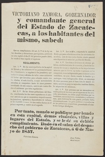 Victoriano Zamora, gobernador y comandante general del Estado de Zacatecas, a los habitantes del mismo, sabed ... Que en cumplimiento del art. 2o. de la ley sobre derechos y obvenciones parroquiales ... he tenido á bien espedir el siguiente reglamento