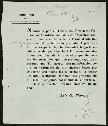 Nombrado por el Exmo. Sr. presidente Gobernador constitucional de este departamento ... y habiendo prestado el juramento