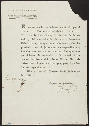 En consecuencia de haberse conferido por el Escmo. Sr. Presidente interino al Escmo. Sr. D. Juan Ignacio Godoy la Secretaría de estado y del despacho de Justicia y Negocios Eclesiásticos