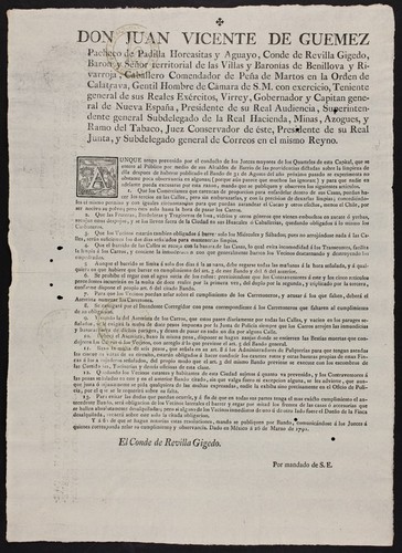 Don Juan Vicente de Guemez Pacheco de Padilla Horcasitas y Aguayo, conde de Revilla Gigedo ... Virrey, Gobernador y Capitan general de Nueva España ... : Aunque tengo prevenido por el conducto de los jueces mayores de los quarteles de esta capital, que se entere al público ... de las providencias dictadas sobre la limpieza de ella