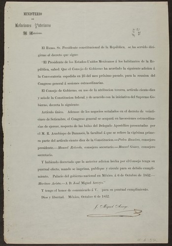 El Exmo. Sr. Presidente constitucional de la República, se ha servido dirigirme el decreto que sigue ... El Consejo de Gobierno, en uso de la atribucion tercera, artículo ciento diez y seis de la Constitucional federal ...Ademas de los negocios señalados en el decreto de veinticinco de Setiembre, el Congreso general se ocuparã en las sesiones