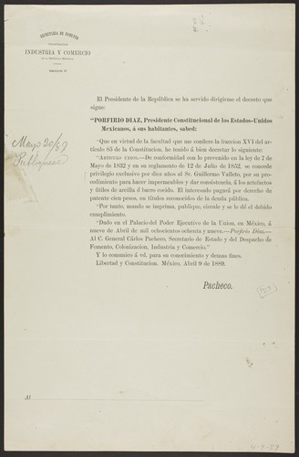 El Presidente de la República se ha servido dirigirme el decreto que sigue: Porfirio Diaz, Presidente Constitucional ... se concede privilegio exclusivo por diez años al Sr. Guillermo Valleto, por su procedimiento para hacer impermeables y dar consistencia, á los artefactos y útiles de arcilla ó barro cocido