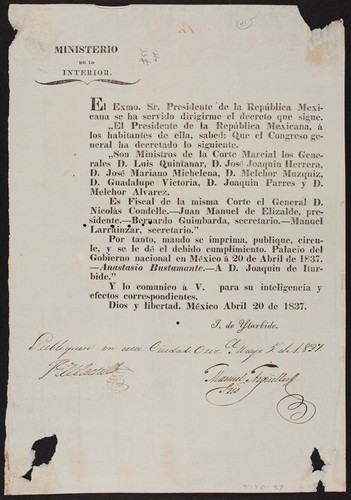 El Exmo. Sr. Presidente de la República Mexicana se ha servido dirigirme el decreto que sigue ... el Congreso general ha decretado ... Son Ministros de la Corte Marcial los Generales D. Luis Quintanar, D. José Joaquin Herrera, D. José Mariano Michelena, D. Melchor Muzquiz, D. Guadalupe Victoria, D. Joaquin Parres y D. Melchor Alvarez