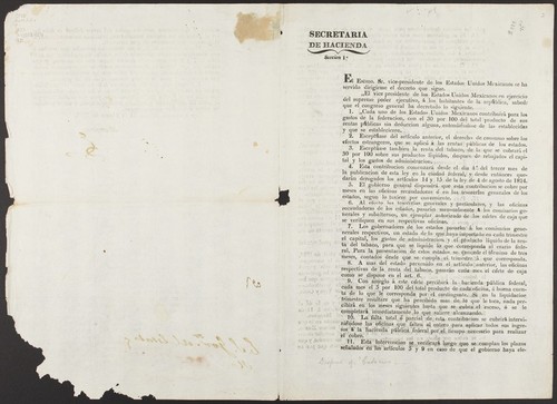 El Escmo. Sr. vice-presidente de los Estados-Unidos Mexicanos se ha servido dirigirme el decreto que sigue ... el congreso general ha decretado ... Cada uno de los Estados Unidos Mexicanos contribuirá para los gastos de la federacion, con el 30 por 100 del total producto de sus rentas públicas sin deduccion alguna