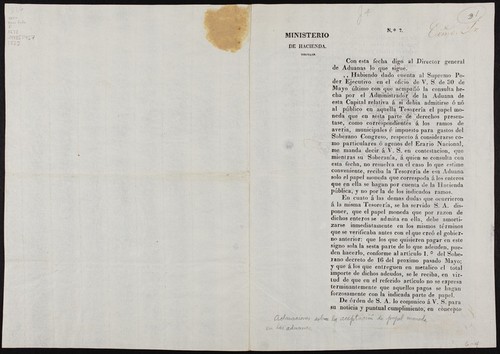 Con esta fecha digo al Director general de Aduanas lo que sigue. Habiendo dado cuenta al Supremo Poder Ejecutivo en el oficio de V.S. de 30 de Mayo último con que acmpañó la consulta hecha por el Administrador de la Aduana de esta Capital relativa á si debia admitirse o no al público en aquella Tesorería