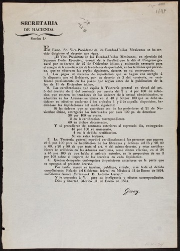 El Exmo. Sr. Vice-Presidente de los Estados-Unidos Mexicanos se ha servido dirigirme el decreto que sigue. El Vice-Presidente ... usando de la facultad que le dió el Congrego general por su decreto de 27 de Diciembre último, y estimando necesario para el arreglo de la amortizacion de las órdenes de que habla, en términos que previene, que se observen las reglas siguientes, decreta en su consecuencia. 1. Los pagos de derechos de importacion que se hagan con arreglo á lo dispuesto por el Gobierno