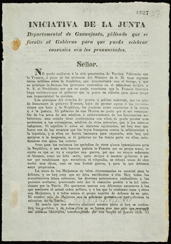 Iniciativa de la Junta Departamental de Guanajuato, pidiendo que se faculte al Gobierno para que pueda celebrar convenios con los pronunciados