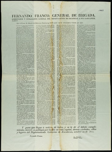 Fernando Franco, general de brigada, Gobernador ... de Zacatecas ... que el Exmo. Sr. ministro de relaciones exteriores y gobernacion me ha comunicado ... Antonio Lopez de Santa-Anna ... presidente provisional ... Art. 1°. Los caminos de la República se distribuirán en tres clases