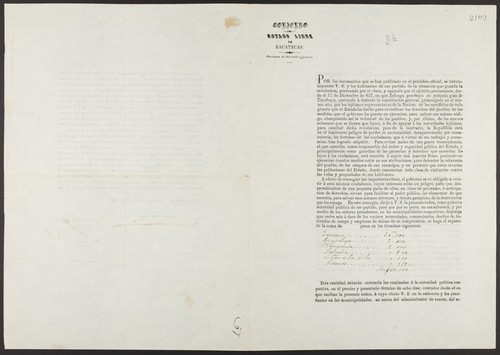 Por los documentos que se han publicado en el periódico oficial, se habrán impuesto V. S. y los habitantes de ese partido, de la situacion que guarda la revolucion, provocada por el clero, y apoyada por el ejército permanente, desde el 17 de Diciembre de 857, en que Zuloaga proclamó su nefando plan de Tacubaya, contraido á destruir la constitucion general