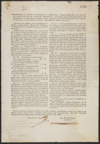 Francisco G. Pavon, General de Brigada, Caballero de la Nacional y distinguida órden de Guadalupe ... Desde el dia 1o. de Enero del siguiente año de 1854, se cobrará en todos los lugares de la República al aguardiente de caña y al vino mescal que se introduzca en ellos, la cuota uniforme de tres pesos cuatro reales por cada barril de nueve jarras