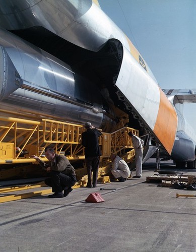 Atlas air transport--'Missile Moves binder; 100D; 3-20-61; Atlas 100D move; loading on C-133 Miramar