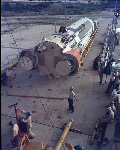 Atlas 10A Details: Backing Missile Up Ramp for Mating; Pad 12; AFMTC Date on Neg: 10/27/1957