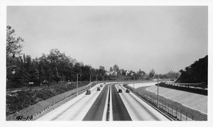 View along the Arroyo Seco Parkway, State Route 205, from pedestrian overpass in Sycamore Grove looking north, Los Angeles County, 1941