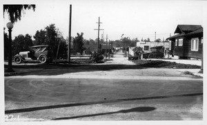 Proposed grade crossing of Pico Street over Santa Fe Main Line, Pasadena, from east side of Marengo Avenue (east end of Pico St.) looking west along Pico Street to Fair Oaks Avenue (west end of Pico Street), Los Angeles County, 1927