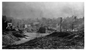 View of the intersection of Glendale Boulevard and 1st Street looking north from portal of new Pacific Electric tunnel, Los Angeles, 1925