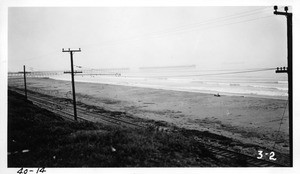 Looking southwest at Hyperion Pier from Vista del Mar, showing part of new beach area of 51 acres made by sluicing sand from city owned property at Hyperion, Los Angeles County, 1940