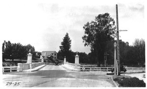Looking north at new bridge over Los Angeles River on Pacoima Avenue showing northwesterly deflection in alignment, Los Angeles, 1929