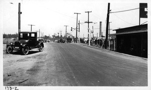 General view of Pacific Electric crossing with Pico Boulevard just west of 16th Street viaduct, Los Angeles, 1923