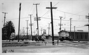 Panorama, looking southwesterly from east roadway Long Beach Avenue across Santa Fe tracks and Slauson Avenue showing obstruction provided Long Beach Avenue was opened over the Santa Fe Railway, Los Angeles, 1928