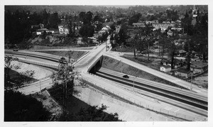 View along the Arroyo Seco Parkway, State Route 205, looking southwesterly at compressed cloverleaf grade separation at Avenue 52, Los Angeles County, 1941