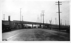 Viaduct over Pico Boulevard at San Vicente from center of Pico Boulevard east of viaduct looking west along Pico Boulevard, Los Angeles, 1927