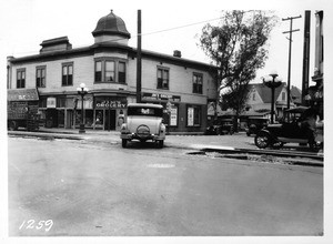 Pico and Union Streets showing Los Angeles Railway crossing, Los Angeles, 1928