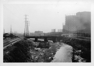 View along Los Angeles River from Macy Street bridge, Los Angeles, 1940