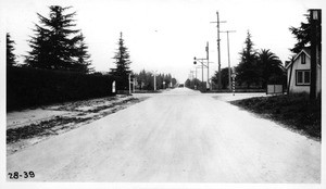 Center line of Fulton Avenue north of Chandler Boulevard looking south showing visibility restricted by 7 foot hedge on east side of Fulton Avenue, Los Angeles, 1928