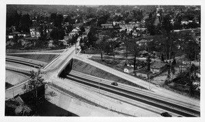 View along the Arroyo Seco Parkway, State Route 205, looking southwesterly at compressed cloverleaf grade separation at Avenue 52, Los Angeles County, 1941