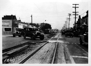 Pico and Union Streets showing Los Angeles Railway crossing, Los Angeles, 1928