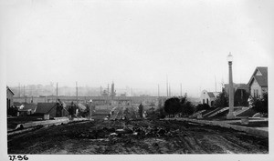 Viaduct over Pico Boulevard at San Vicente from point in center of Keniston Avenue north of Pico Boulevard looking south at P.E. viaduct over Pico Street