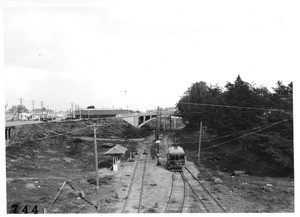 View looking east from Ocean Avenue viaduct over P.E. Railway, Santa Monica, Los Angeles County, 1927