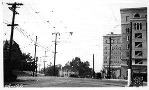 Looking northwesterly on Ocean View Avenue from east of Alvarado Street showing front of new St. Vincent Hospital, Los Angeles, 1928