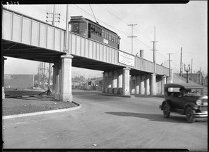 Grade crossing separation on Pico Street at end of car line, Los Angeles, 1927