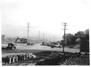 Los Feliz Boulevard at intersection of Griffith Park Boulevard, showing street under construction, Los Angeles, 1928