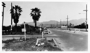 Looking north on Sepulveda Boulevard at Chatsworth Road showing outlet to open drain and culvert on east side of Boulevard, Los Angeles, 1928