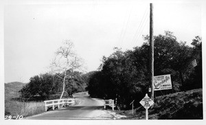 Looking easterly on Laurel Canyon Road at bridge about one mile north of Mulholland Drive, Los Angeles, 1929