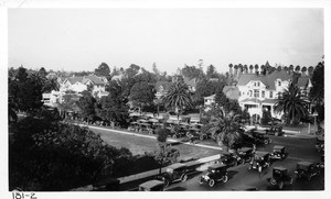 View taken from balcony of Dining Room, Automobile Club Building, showing congestion at intersection of Adams and Figueroa, Los Angeles, 1923