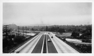 View along the Arroyo Seco Parkway, State Route 205, looking west from Arroyo Drive bridge, Los Angeles County, 1941