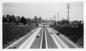 View along the Arroyo Seco Parkway, State Route 205, looking east from Arroyo Drive bridge, Los Angeles County, 1941