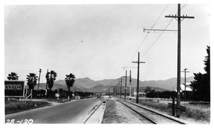 Looking north on Sepulveda Boulevard at Chatsworth Road, showing outlet to open concrete drain and culvert on east side of Boulevard, Los Angeles, 1928