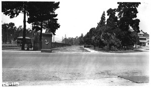 Looking southwest along original north roadway of San Vicente Boulevard from south side of Wilshire Boulevard, Los Angeles, 1926